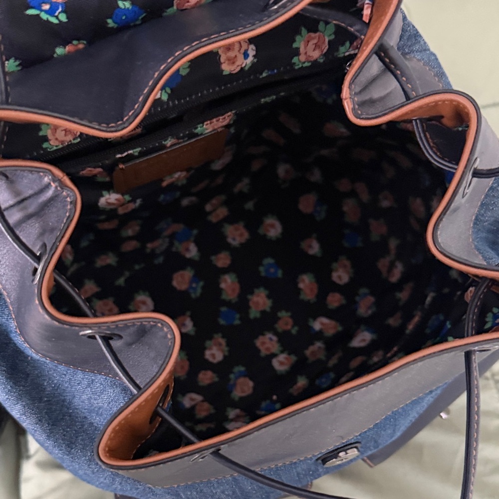 Coach Denim and Black Leather Drawstring Backpack - Picture 2 of 11